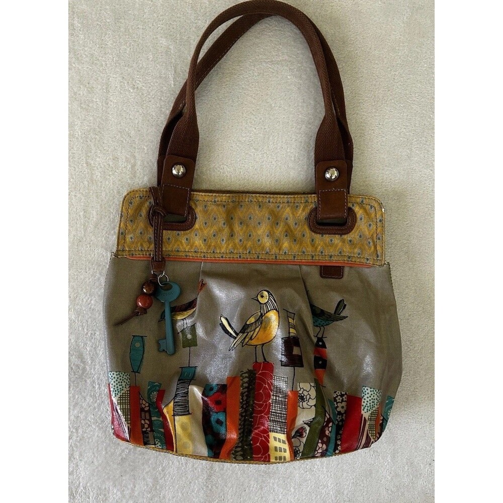 FOSSIL Key-Per Gray Coated Canvas  City Bird Shoulder Purse Beaded Key Charm